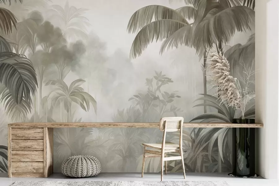 Papier peint Paysage de jungle texturé, avec des palmiers et une végétation luxuriante, dans un style doux et pictural w10016