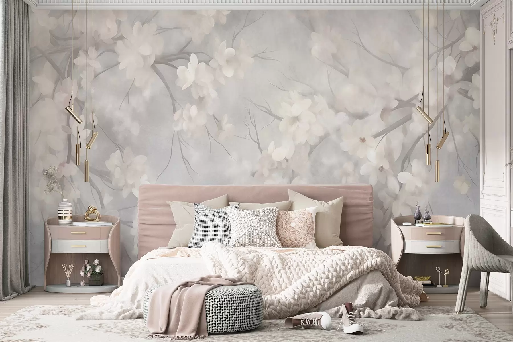 Papier peint Fleurs de cerisier blanches sur des branches fines, flou, fond gris clair, illustration texturée w10012