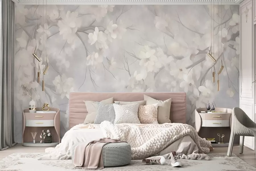 Papier peint Fleurs de cerisier blanches sur des branches fines, flou, fond gris clair, illustration texturée w10012