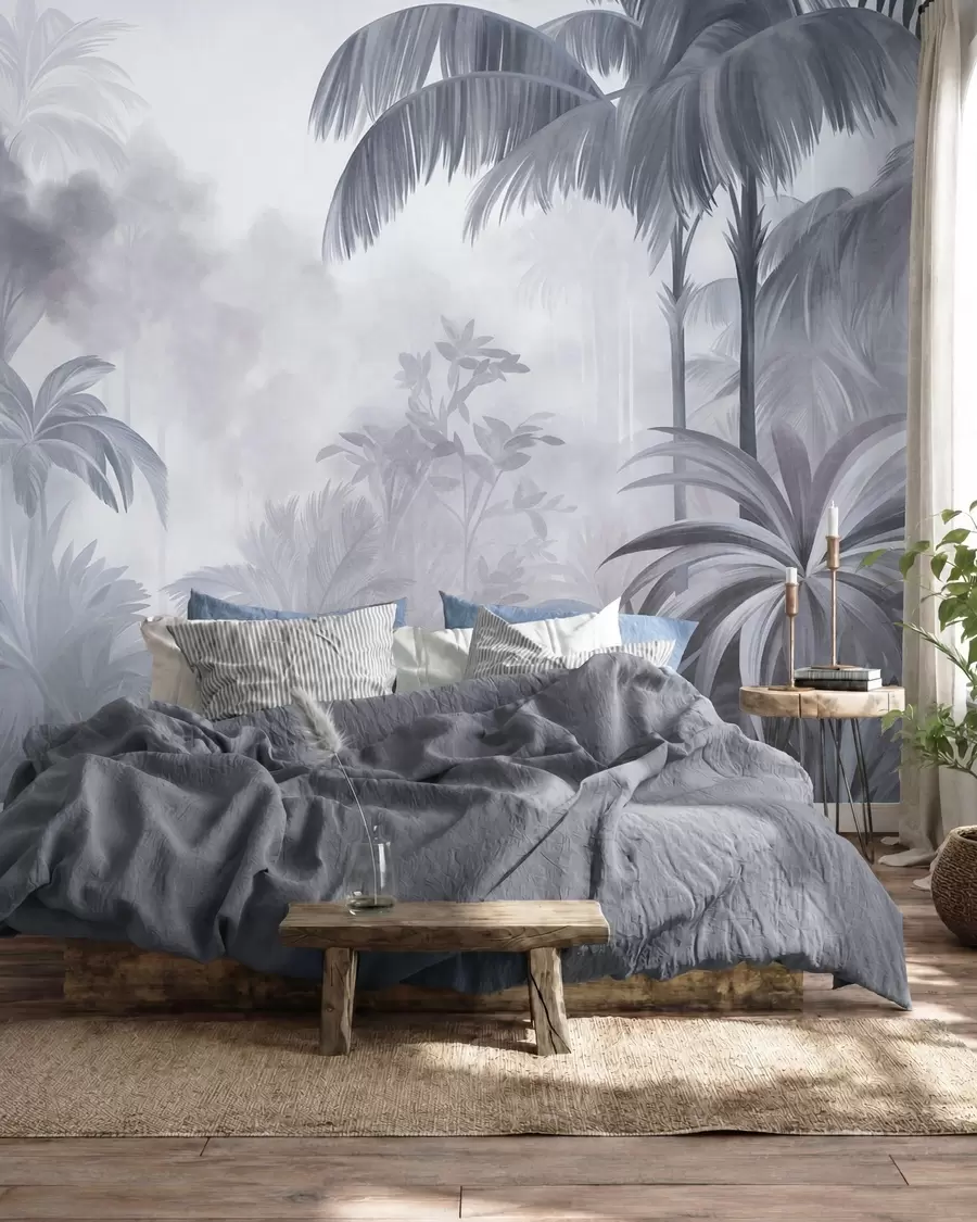 Papier peint Paysage de jungle texturé, avec des palmiers et une végétation luxuriante, dans un style doux et pictural w10016v1