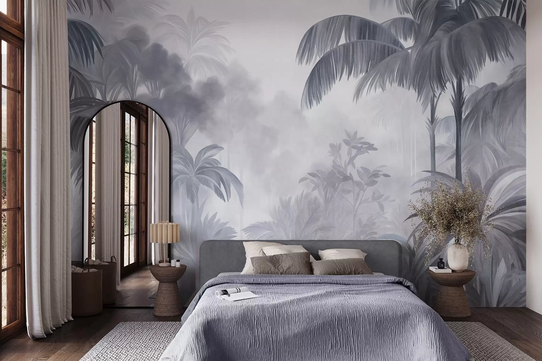 Papier peint Paysage de jungle texturé, avec des palmiers et une végétation luxuriante, dans un style doux et pictural w10016v1