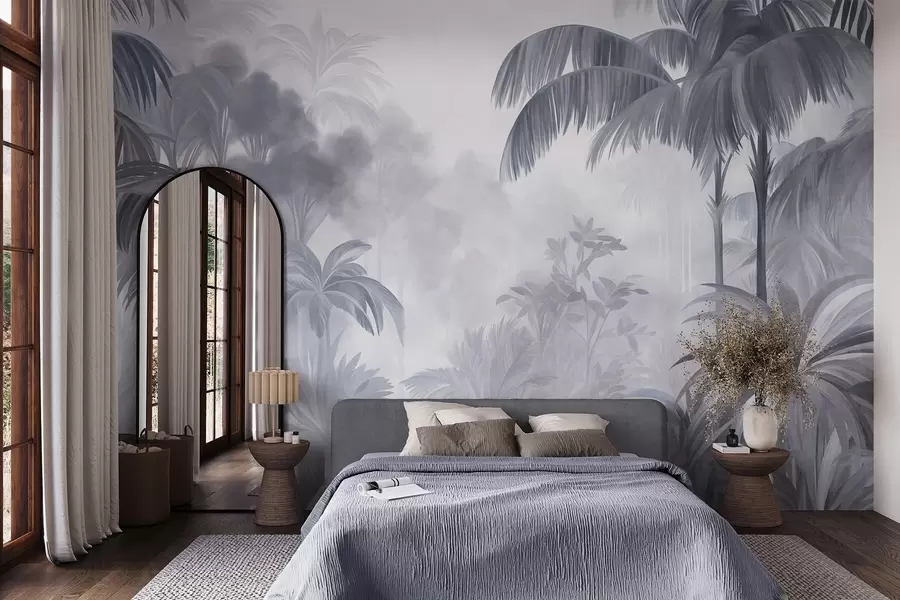 Papier peint Paysage de jungle texturé, avec des palmiers et une végétation luxuriante, dans un style doux et pictural w10016v1