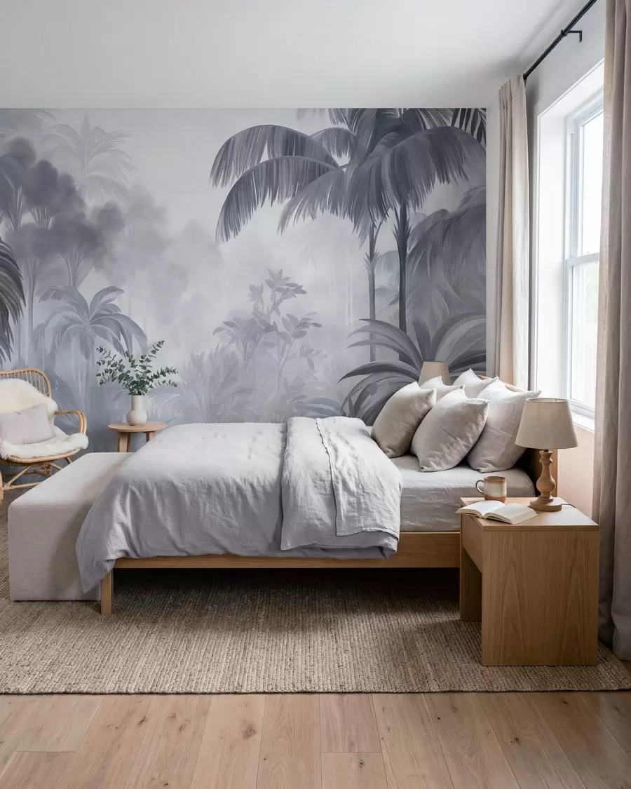 Papier peint Paysage de jungle texturé, avec des palmiers et une végétation luxuriante, dans un style doux et pictural w10016v1