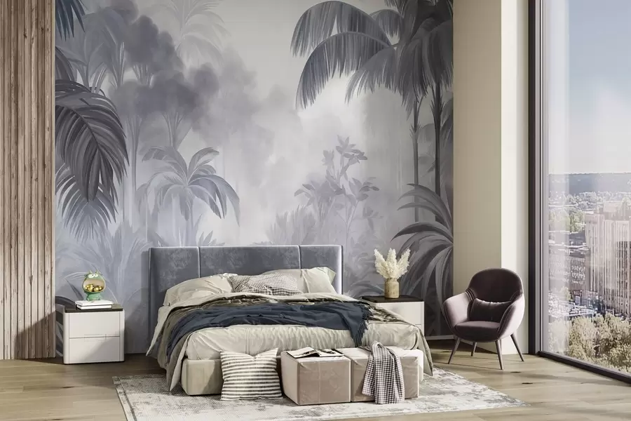 Papier peint Paysage de jungle texturé, avec des palmiers et une végétation luxuriante, dans un style doux et pictural w10016v1