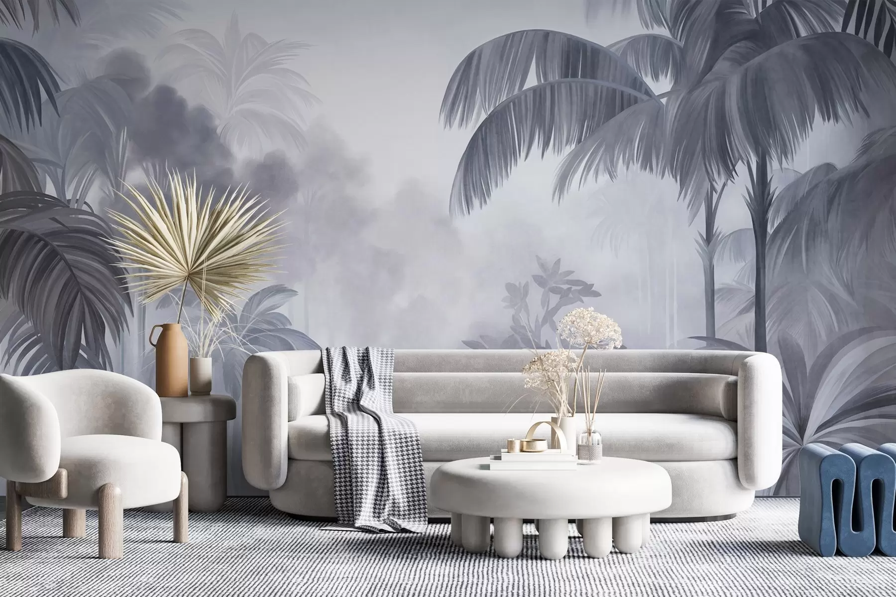 Papier peint Paysage de jungle texturé, avec des palmiers et une végétation luxuriante, dans un style doux et pictural w10016v1