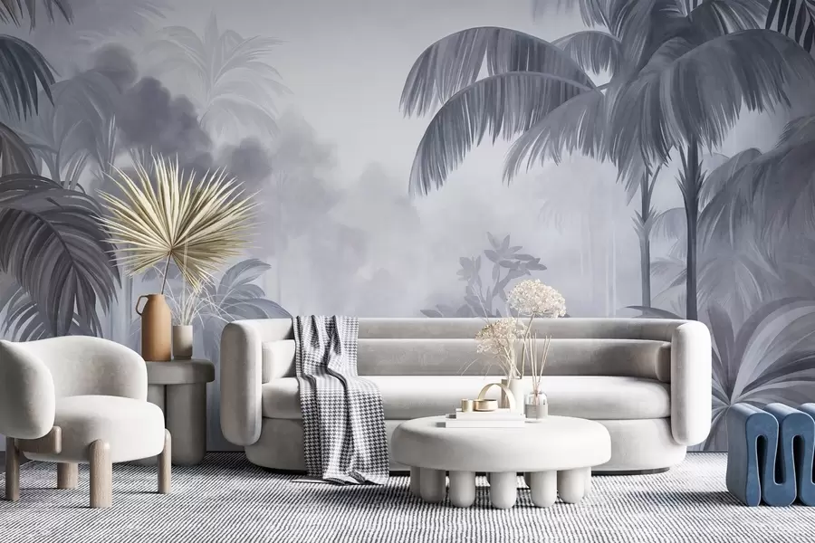 Papier peint Paysage de jungle texturé, avec des palmiers et une végétation luxuriante, dans un style doux et pictural w10016v1