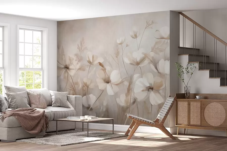 Papier peint Un champ de fleurs aux couleurs claires et de hautes herbes aux teintes douces, œuvre d'art texturée w10019