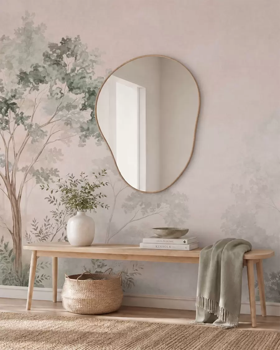 Papier peint Arbres et arbustes forestiers aux teintes pastel brumeuses w05856