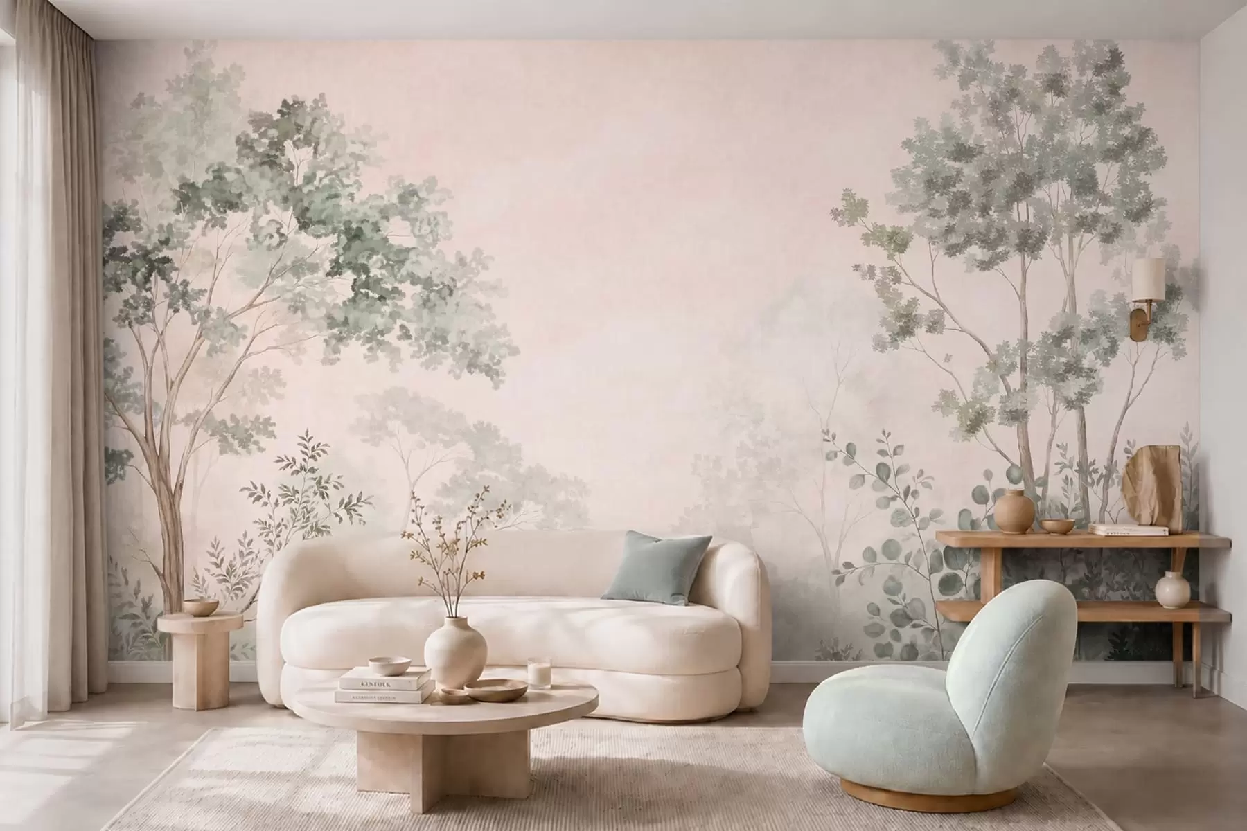 Papier peint Arbres et arbustes forestiers aux teintes pastel brumeuses w05856