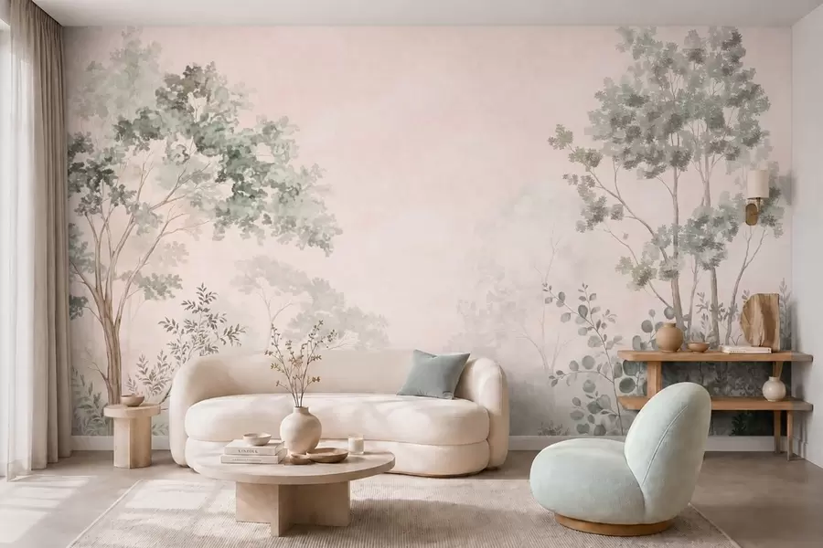 Papier peint Arbres et arbustes forestiers aux teintes pastel brumeuses w05856