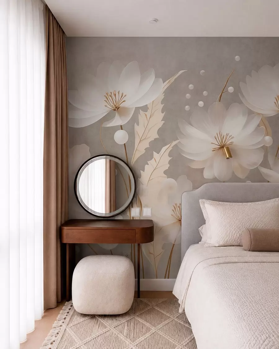 Papier peint De grandes fleurs blanches accompagnées de feuilles décoratives sur un fond gris w05857