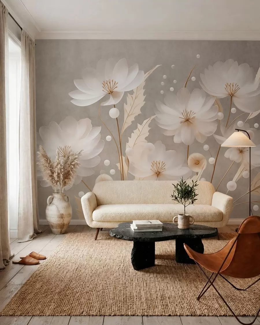 Papier peint De grandes fleurs blanches accompagnées de feuilles décoratives sur un fond gris w05857