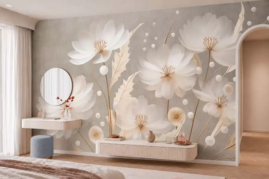 Papier peint De grandes fleurs blanches accompagnées de feuilles décoratives sur un fond gris w05857