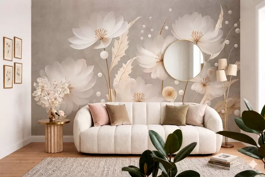 Papier peint De grandes fleurs blanches accompagnées de feuilles décoratives sur un fond gris w05857