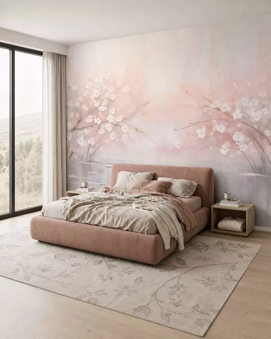 Papier peint Des branches fleuries au-dessus d'une eau calme, dans des tons rose pâle w05858