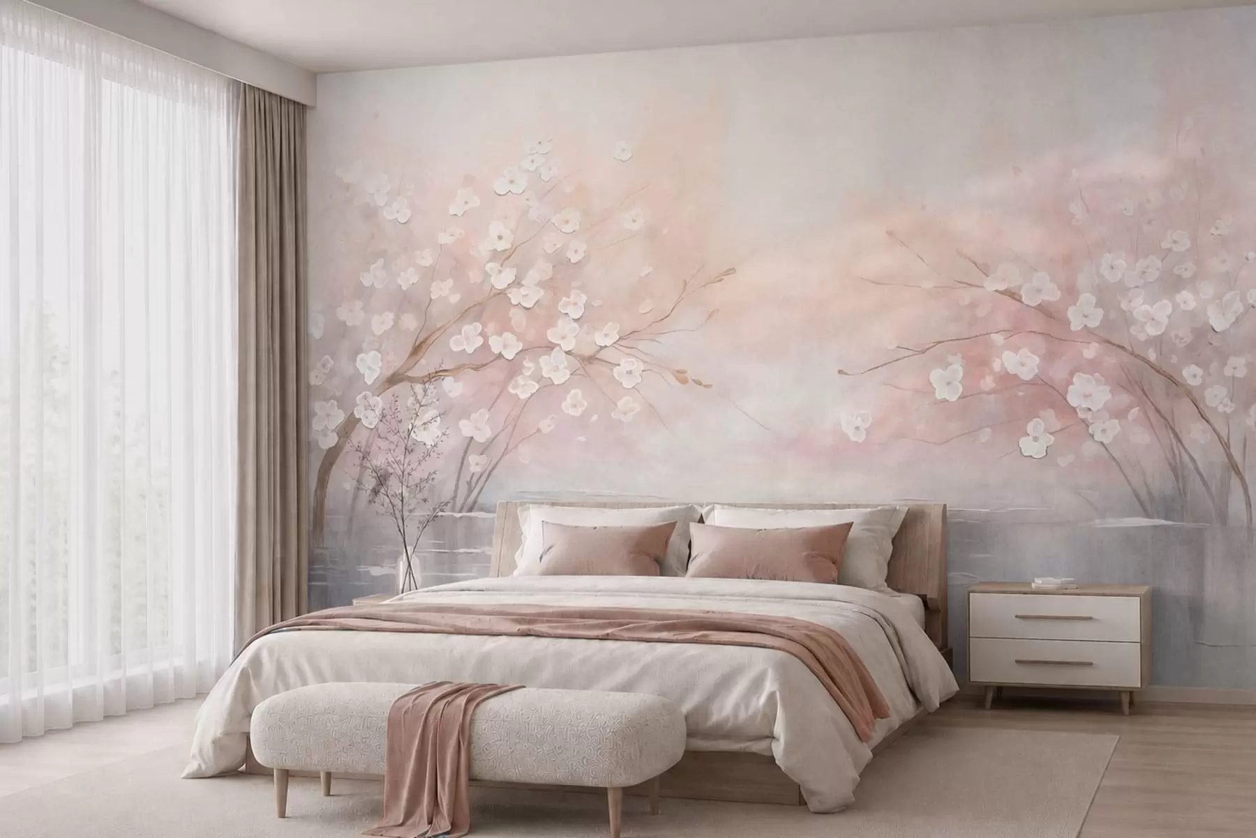 Papier peint Des branches fleuries au-dessus d'une eau calme, dans des tons rose pâle w05858