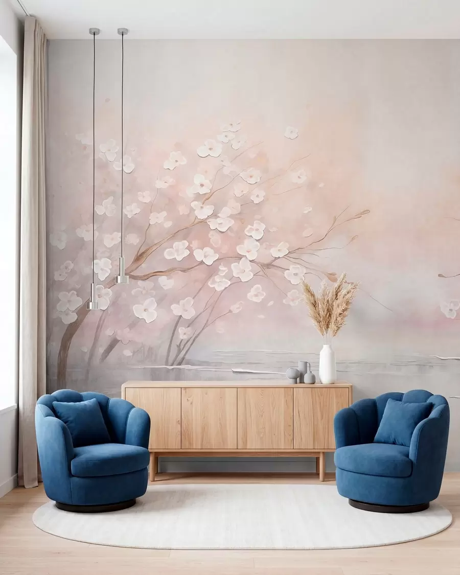 Papier peint Des branches fleuries au-dessus d'une eau calme, dans des tons rose pâle w05858