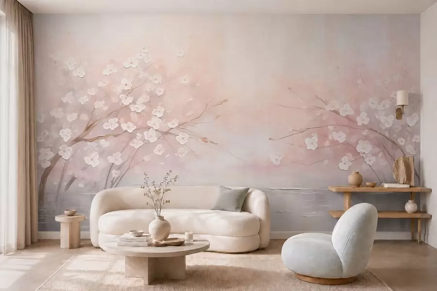 Papier peint Des branches fleuries au-dessus d'une eau calme, dans des tons rose pâle w05858