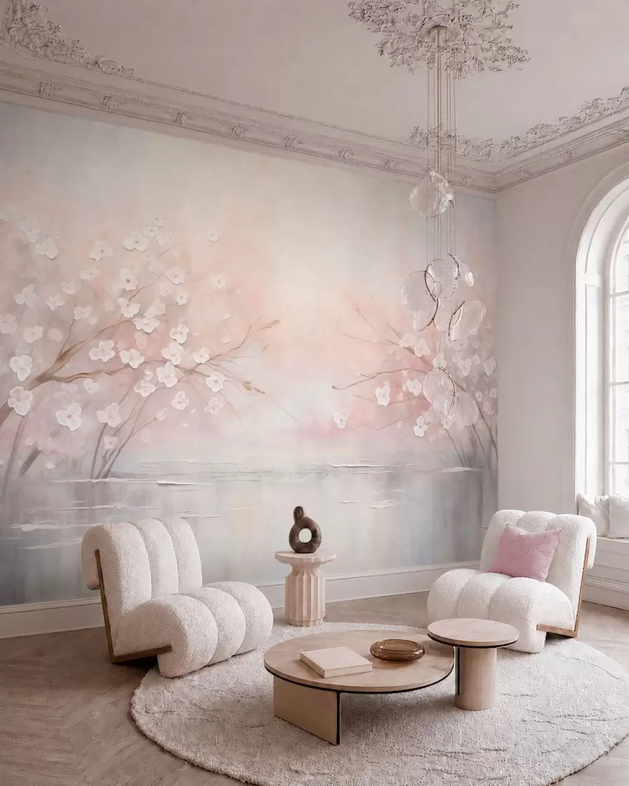 Papier peint Des branches fleuries au-dessus d'une eau calme, dans des tons rose pâle w05858