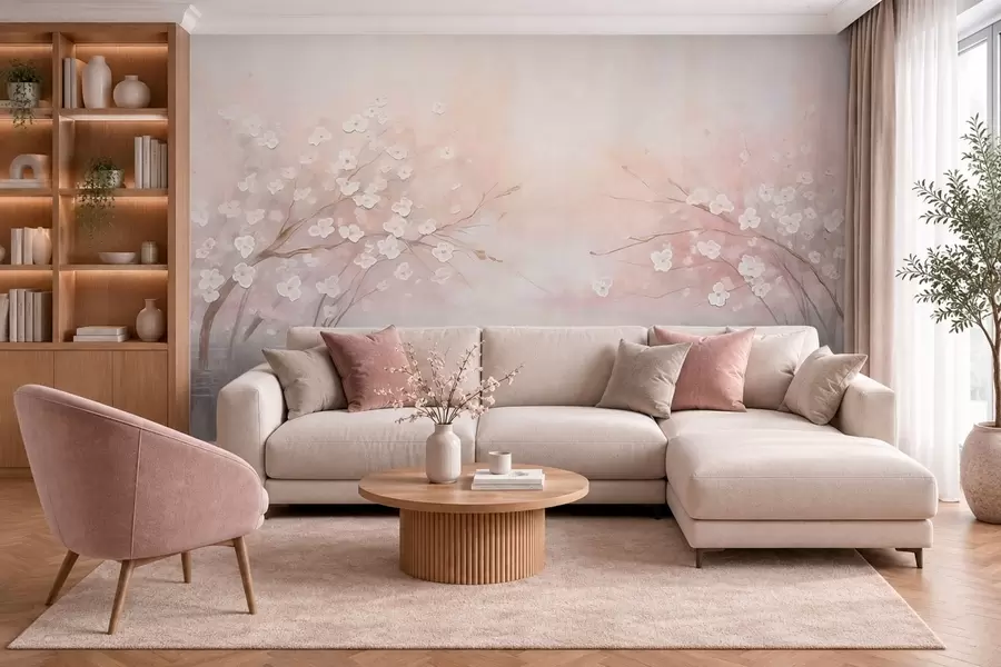 Papier peint Des branches fleuries au-dessus d'une eau calme, dans des tons rose pâle w05858