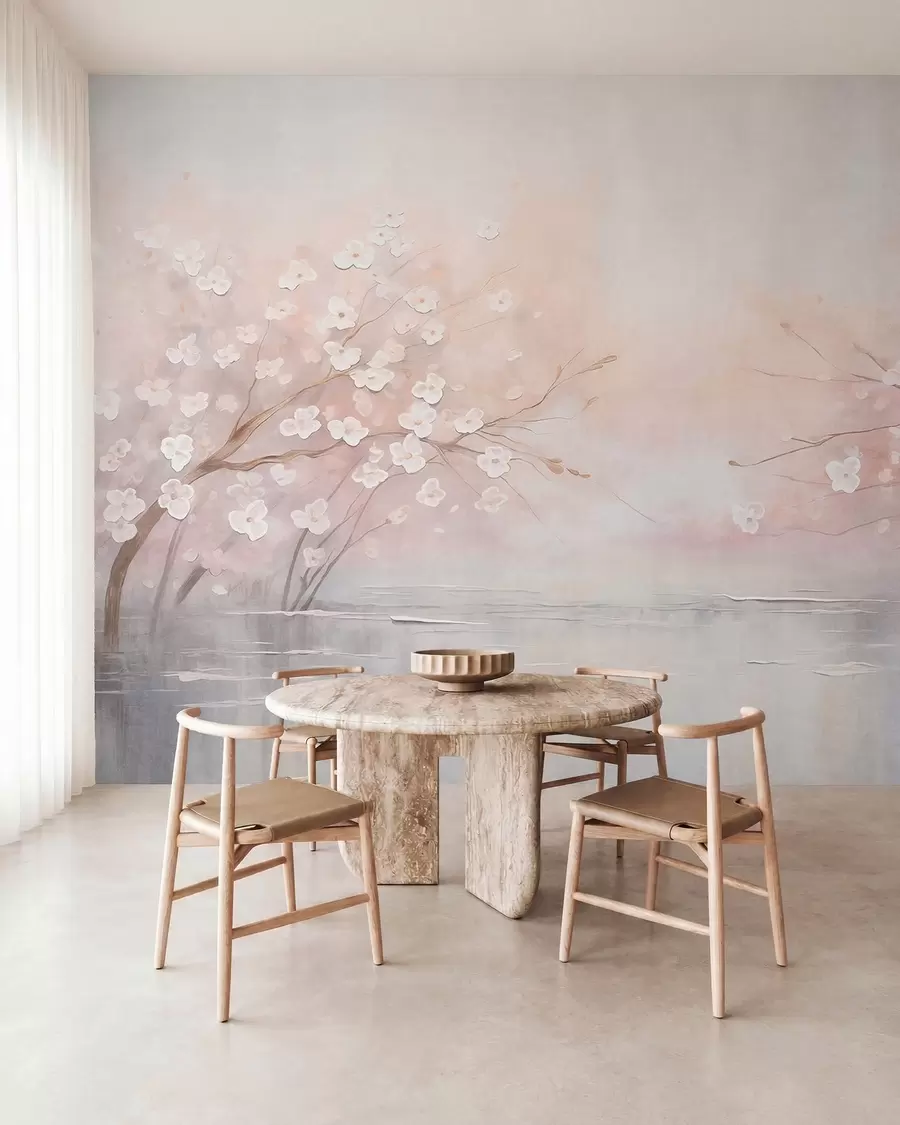 Papier peint Des branches fleuries au-dessus d'une eau calme, dans des tons rose pâle w05858