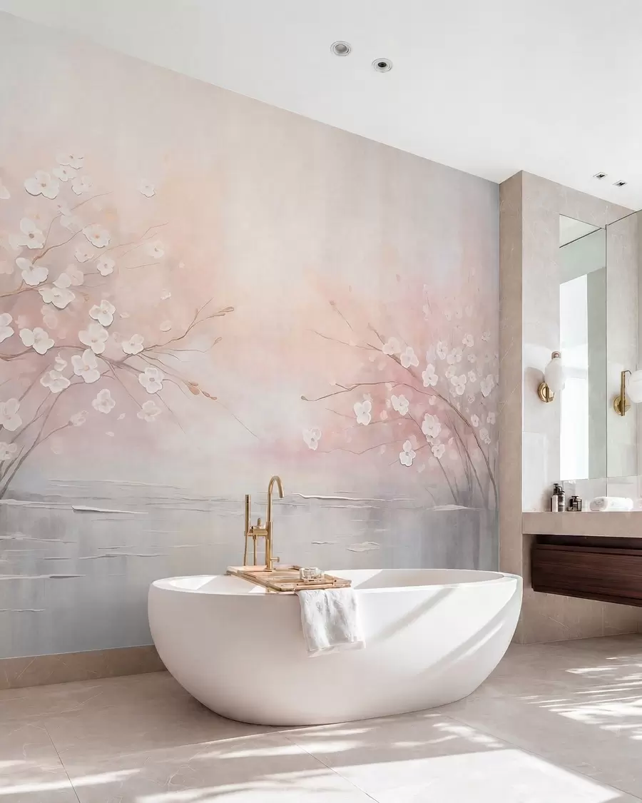 Papier peint Des branches fleuries au-dessus d'une eau calme, dans des tons rose pâle w05858