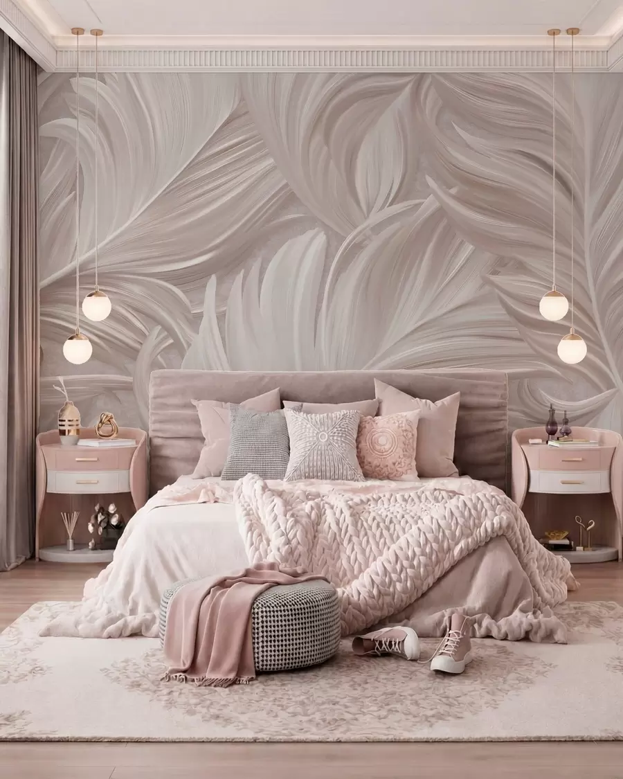 Papier peint Une grande plume peinte et incurvée, dans des tons de rose nacré w05757v1