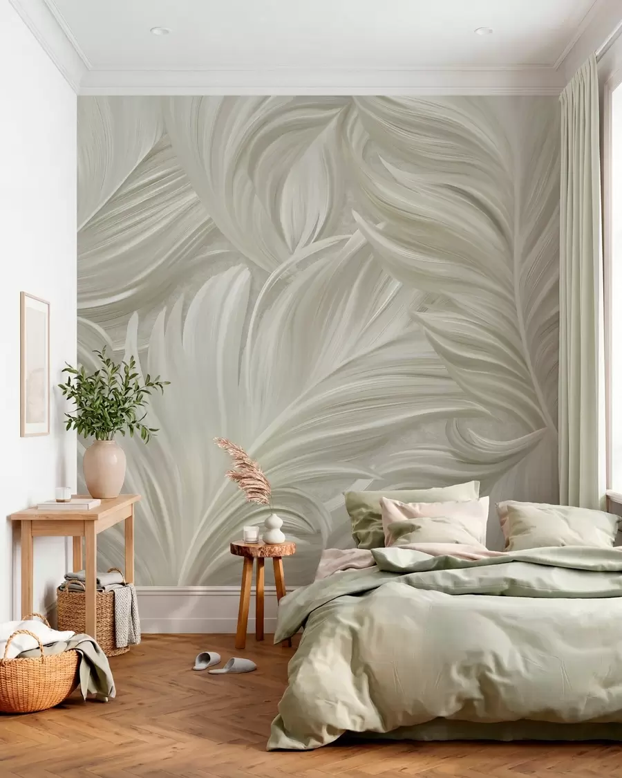 Papier peint Une grande plume peinte et incurvée, dans des tons de beige froid w05757v2