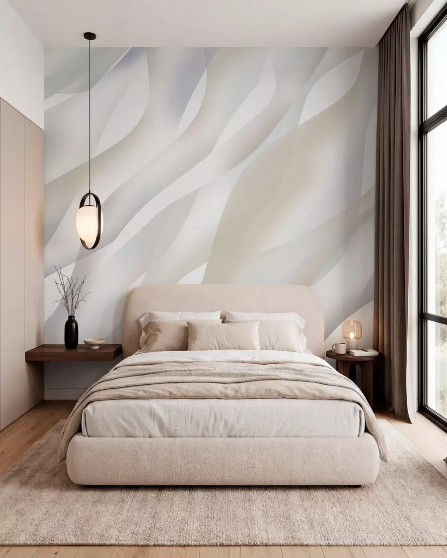 Papier peint Vagues abstraites dans des nuances de gris et de beige sur fond blanc w05758