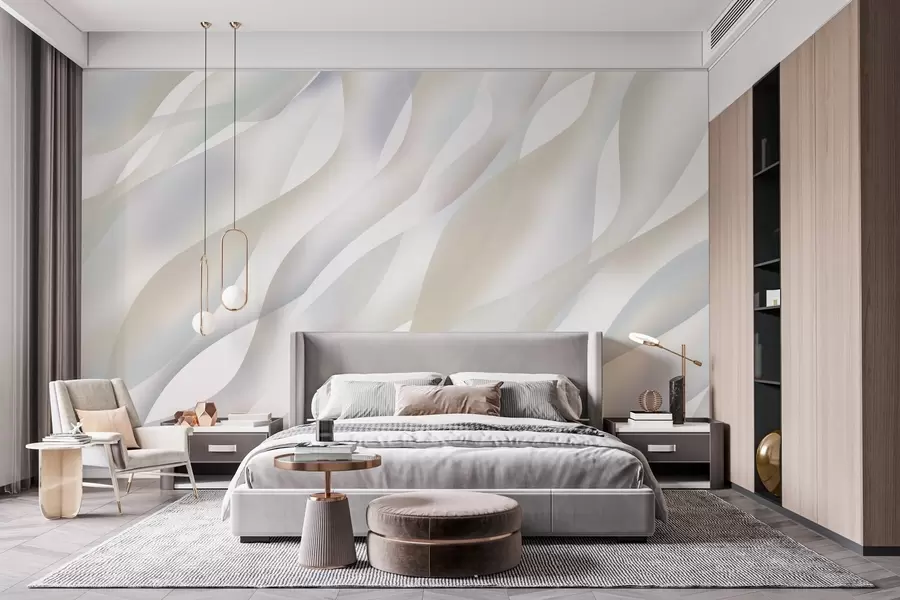 Papier peint Vagues abstraites dans des nuances de gris et de beige sur fond blanc w05758