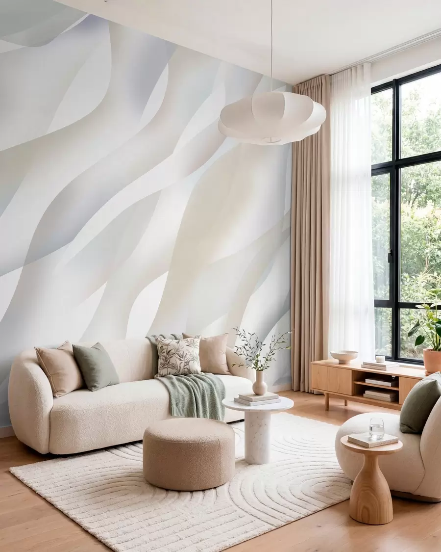Papier peint Vagues abstraites dans des nuances de gris et de beige sur fond blanc w05758