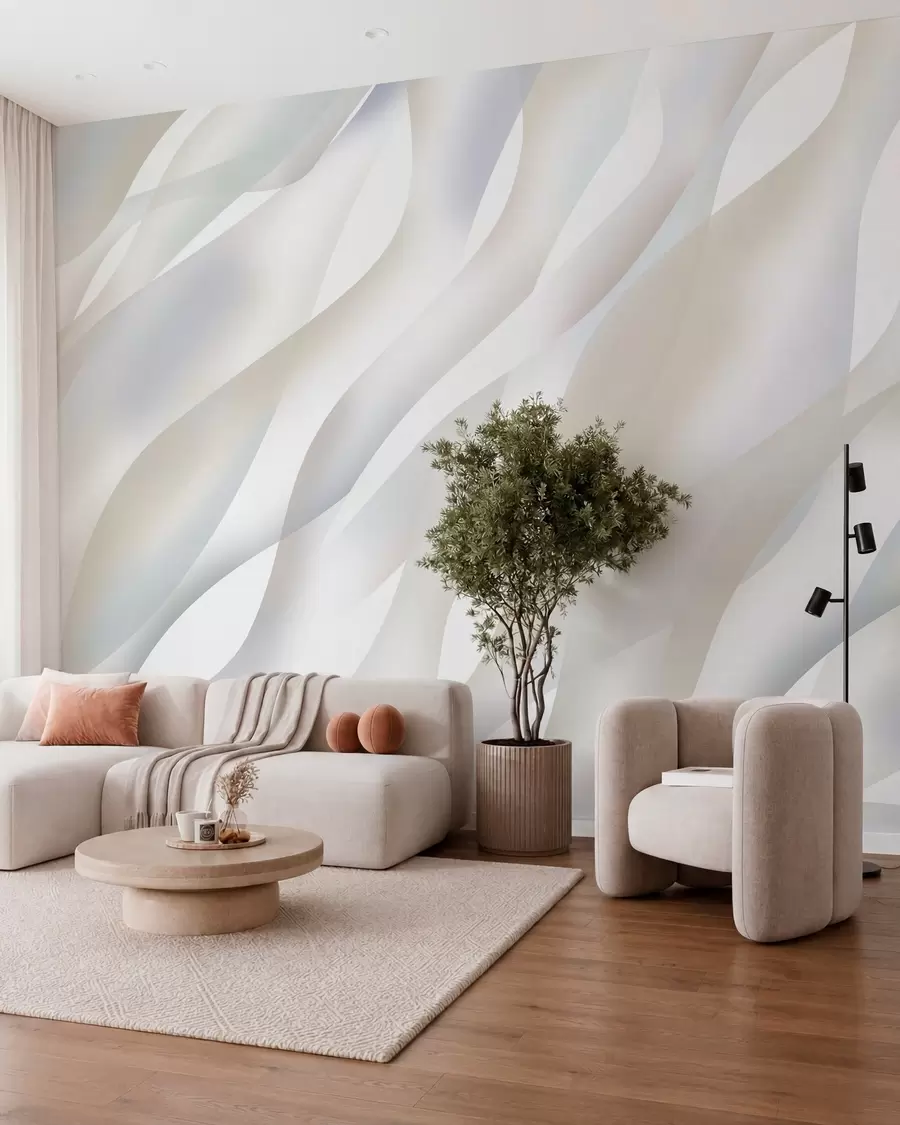 Papier peint Vagues abstraites dans des nuances de gris et de beige sur fond blanc w05758