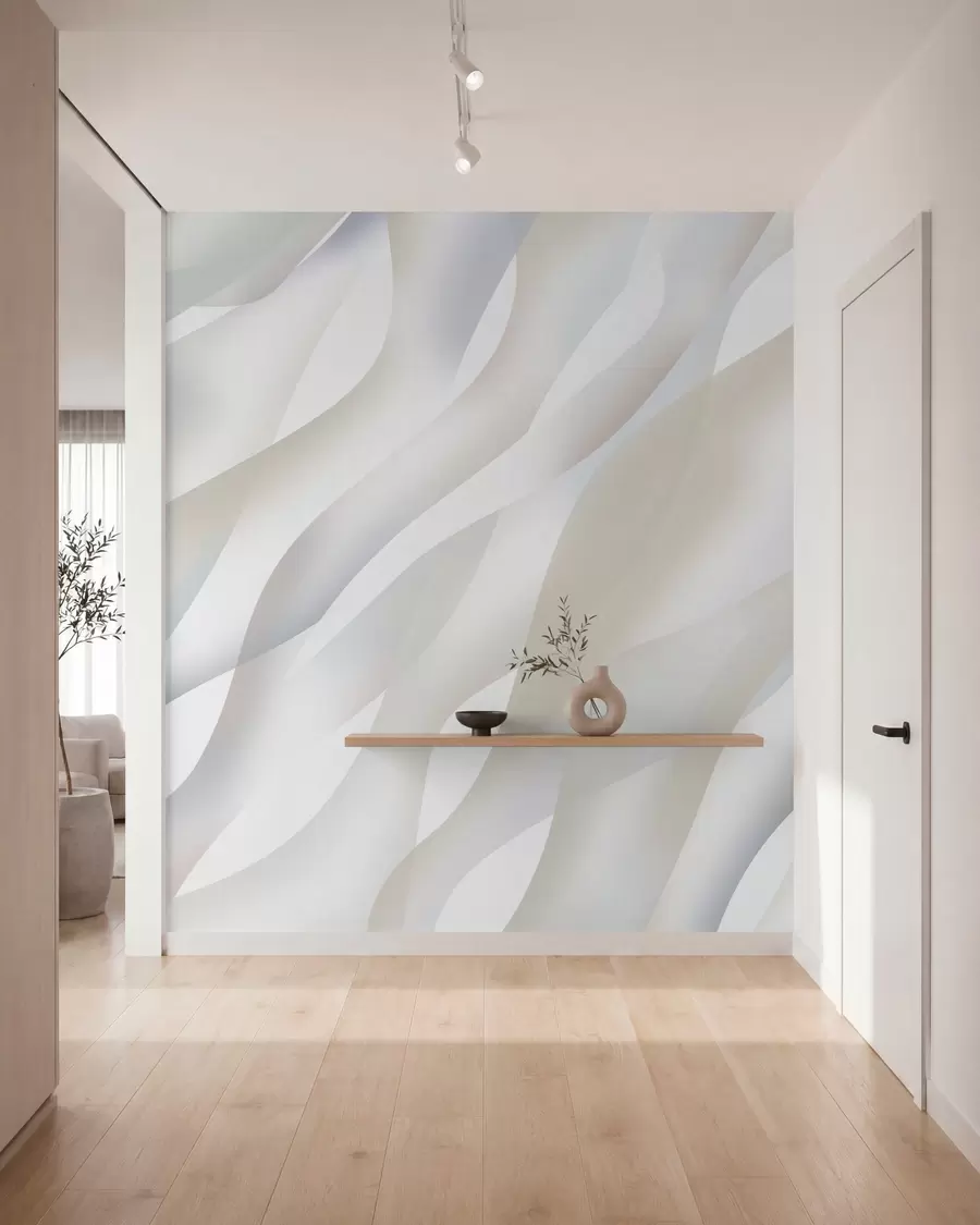 Papier peint Vagues abstraites dans des nuances de gris et de beige sur fond blanc w05758