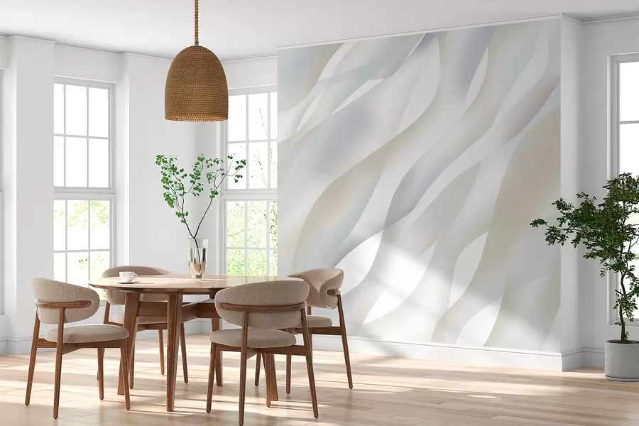 Papier peint Vagues abstraites dans des nuances de gris et de beige sur fond blanc w05758