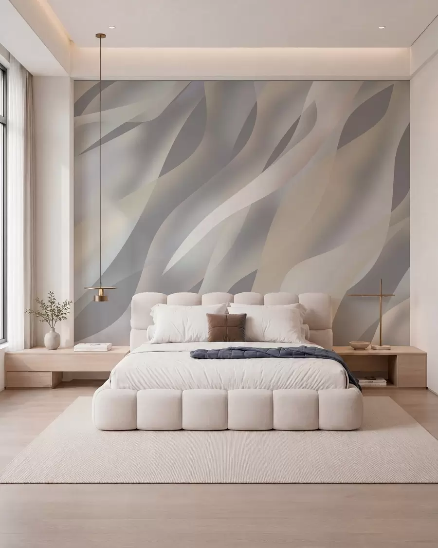 Papier peint Vagues abstraites dans des nuances de gris et de beige sur un fond gris foncé w05758v2