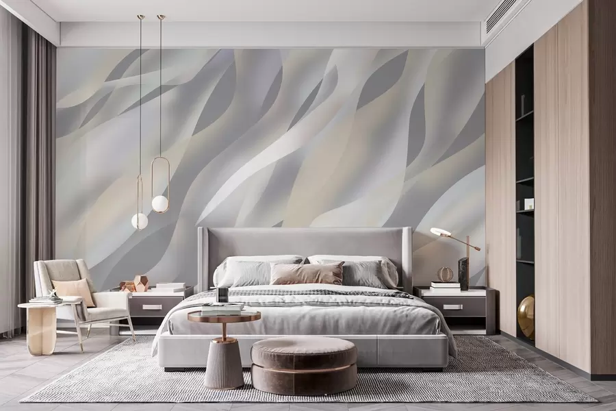 Papier peint Vagues abstraites dans des nuances de gris et de beige sur un fond gris foncé w05758v2