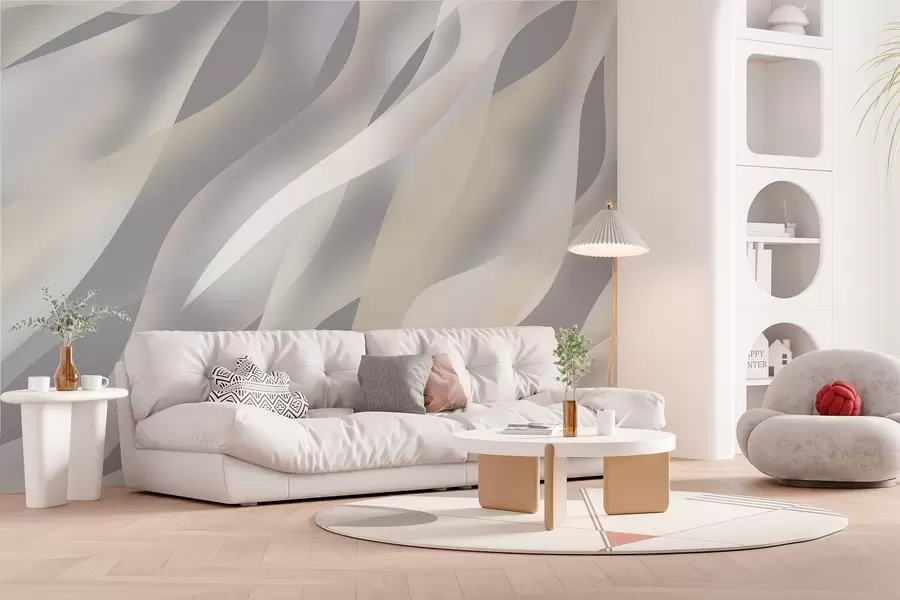 Papier peint Vagues abstraites dans des nuances de gris et de beige sur un fond gris foncé w05758v2