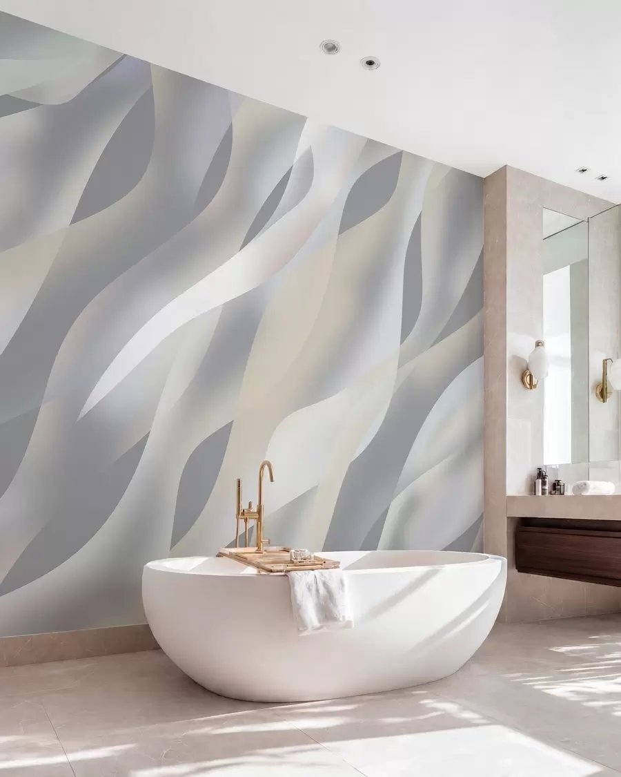 Papier peint Vagues abstraites dans des nuances de gris et de beige sur un fond gris foncé w05758v2