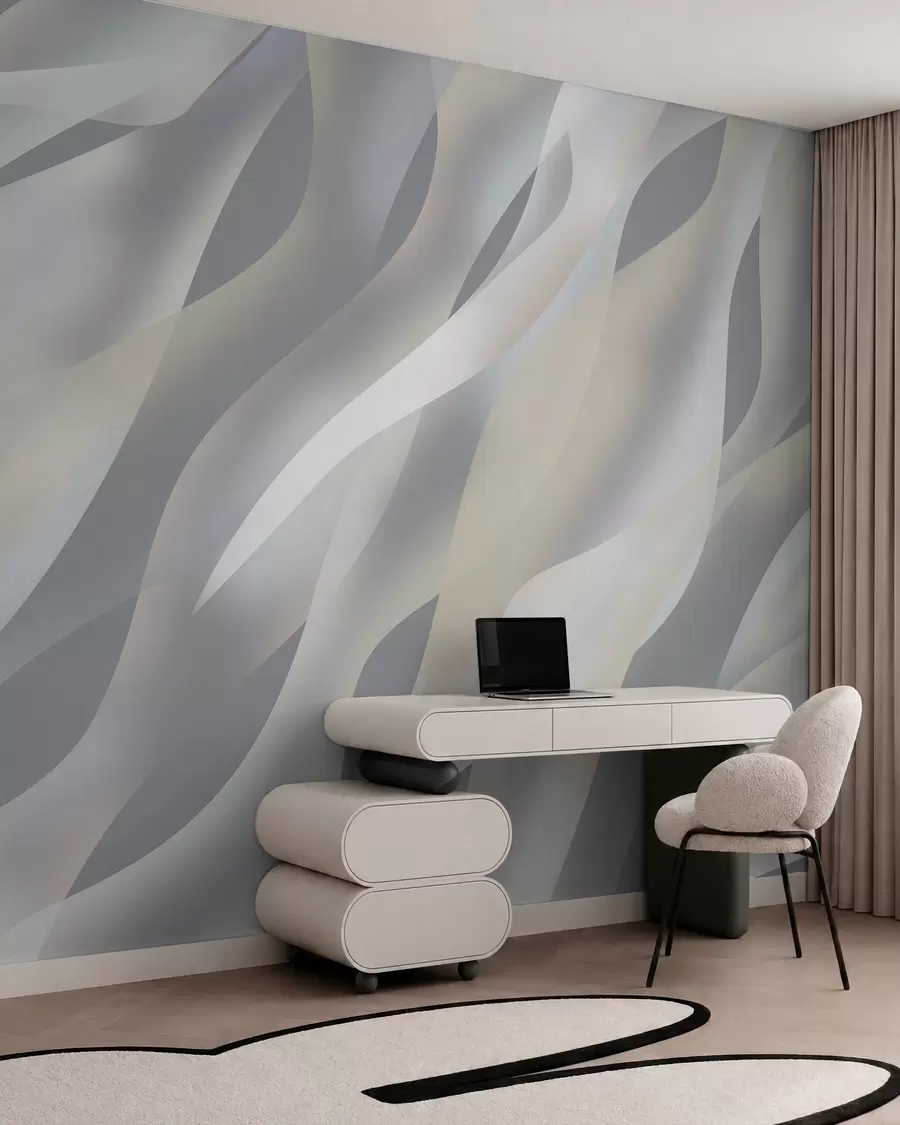 Papier peint Vagues abstraites dans des nuances de gris et de beige sur un fond gris foncé w05758v2