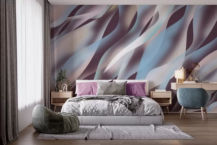 Papier peint Vagues abstraites dans des tons de bleu, rose et beige sur un fond aubergine foncé w05758v3