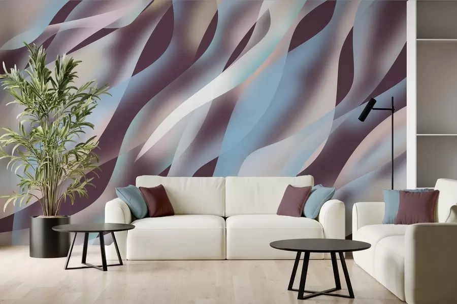 Papier peint Vagues abstraites dans des tons de bleu, rose et beige sur un fond aubergine foncé w05758v3