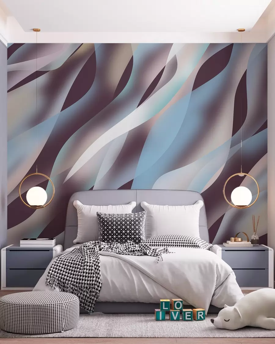 Papier peint Vagues abstraites dans des tons de bleu, rose et beige sur un fond aubergine foncé w05758v3