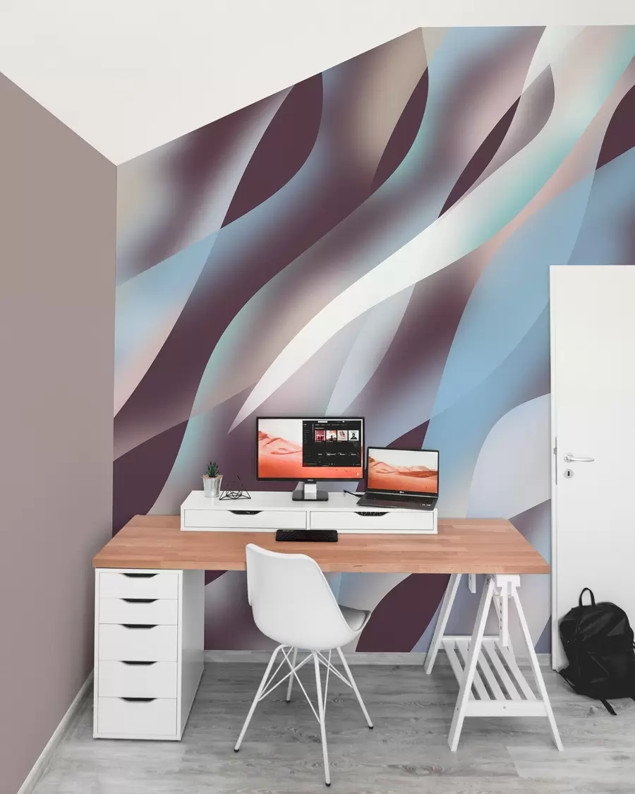 Papier peint Vagues abstraites dans des tons de bleu, rose et beige sur un fond aubergine foncé w05758v3