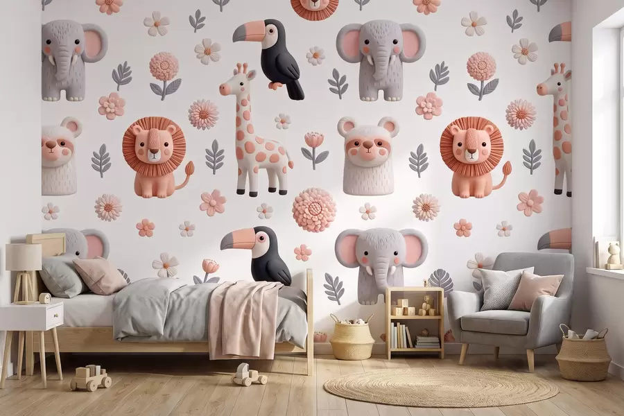 Papier peint Un safari aux couleurs douces : girafes, lions, éléphants et toucans w09994