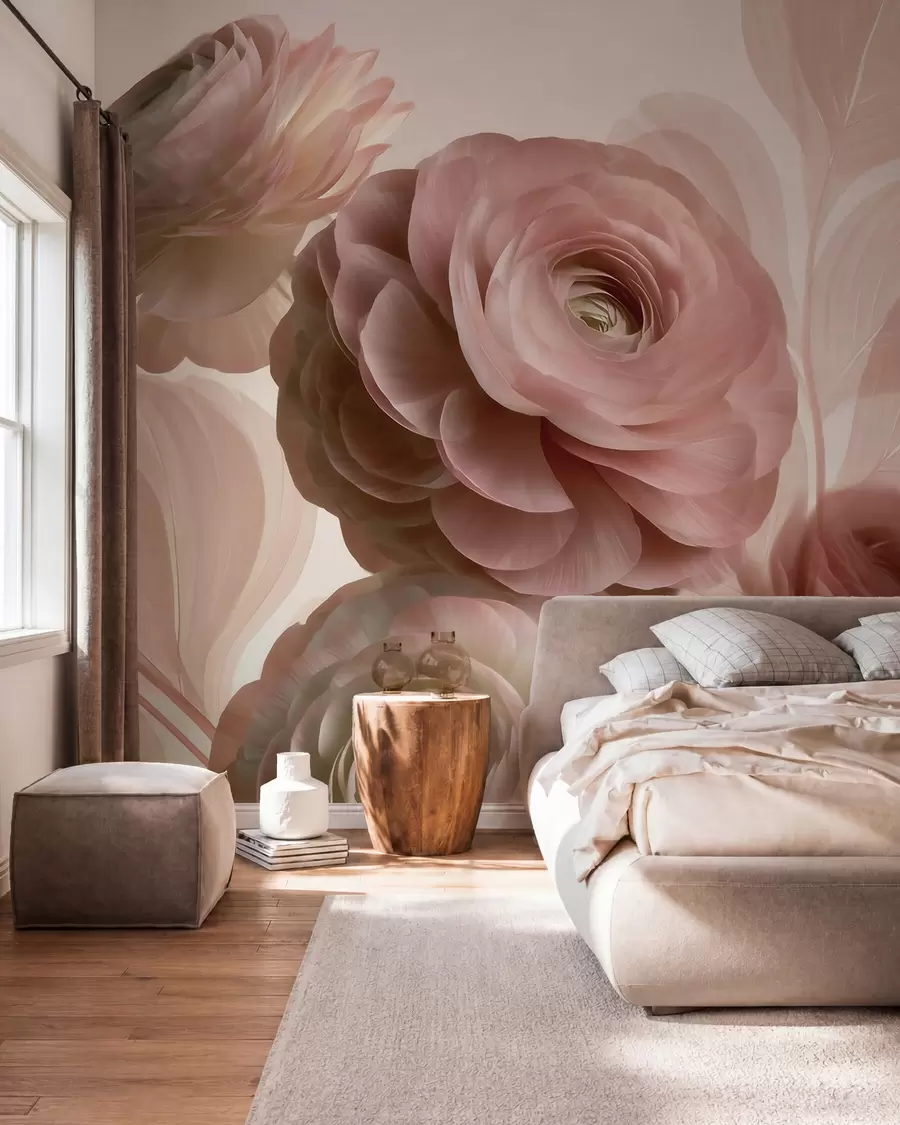 Papier peint De volumineuses fleurs de renoncule rose poudré aux pétales translucides, dans des tons de rose pâle et de beige w09998
