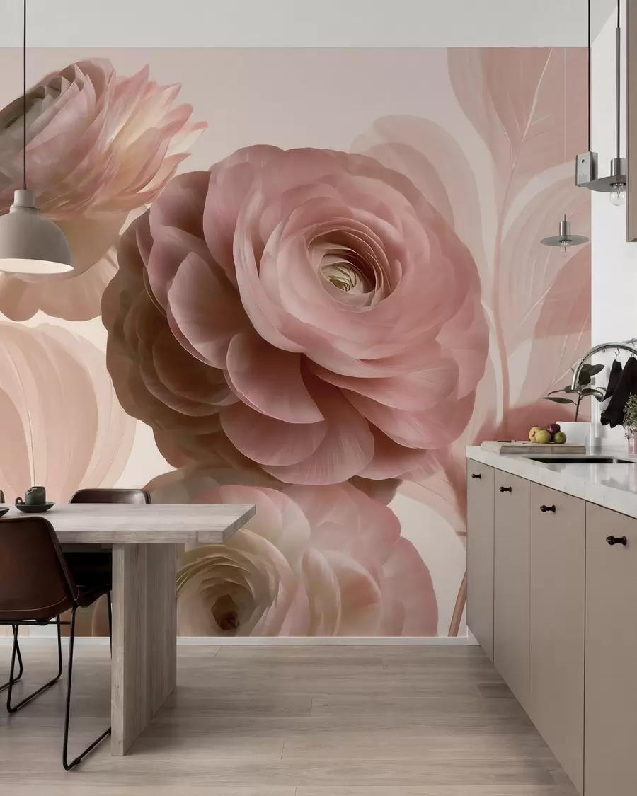 Papier peint De volumineuses fleurs de renoncule rose poudré aux pétales translucides, dans des tons de rose pâle et de beige w09998