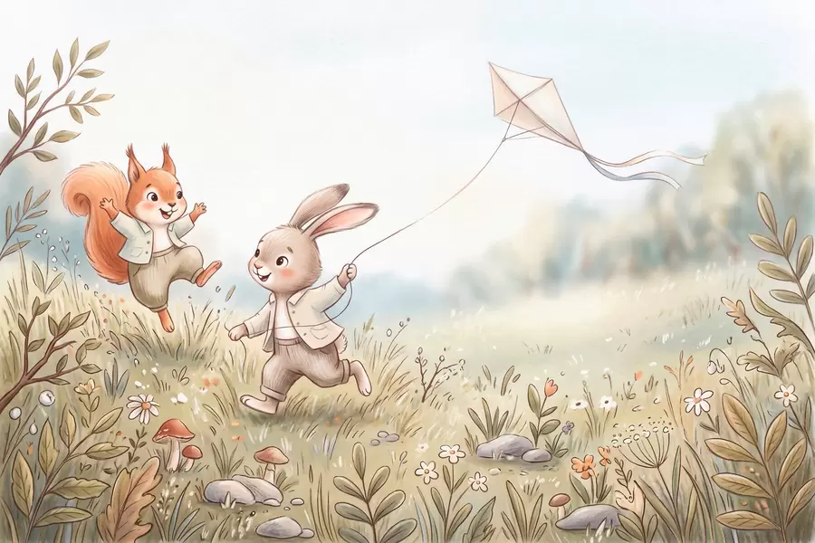 Papier peint Un lapin avec un cerf-volant et un écureuil dans une prairie, dans un style aquarelle w10007