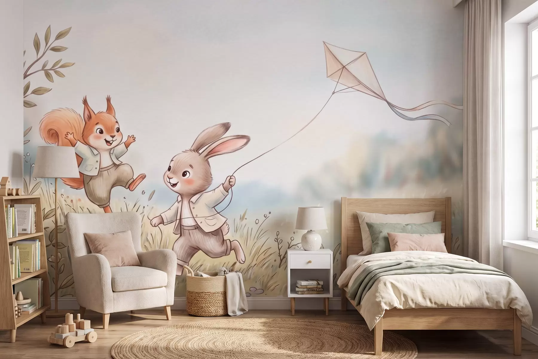 Papier peint Un lapin avec un cerf-volant et un écureuil dans une prairie, dans un style aquarelle w10007