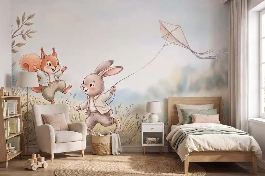 Papier peint Un lapin avec un cerf-volant et un écureuil dans une prairie, dans un style aquarelle w10007