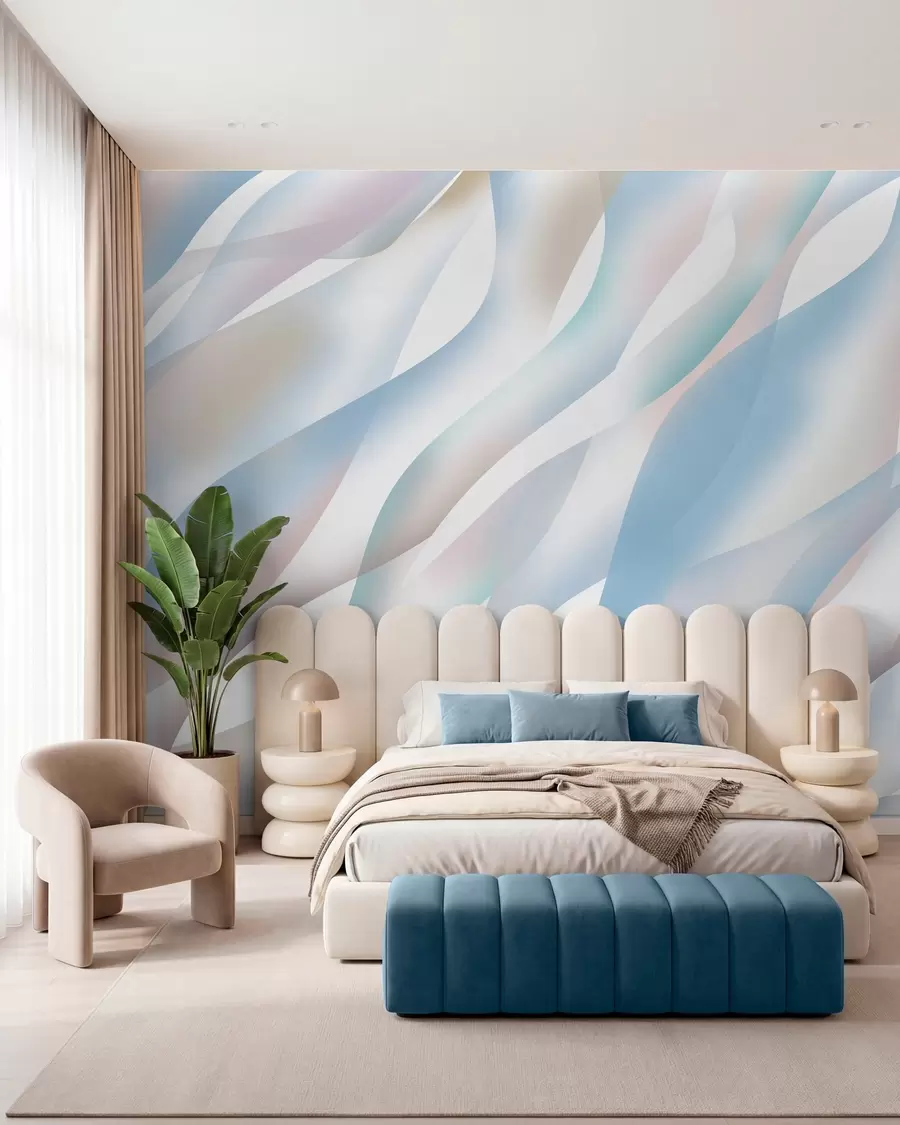 Papier peint Vagues abstraites dans des tons de bleu, de rose et de beige sur fond blanc w05758v1